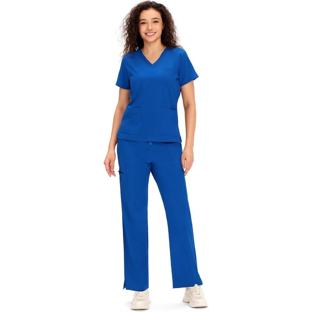 Women's Scrubs Set V-Neck Top & Cargo Pants Medical Uniforms 12 Pockets